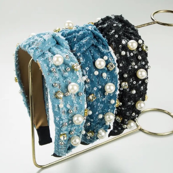 Blue Denim Rhinestone & Pearl Headband - Picture 2 of 3